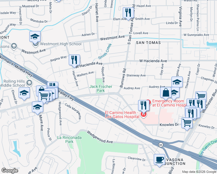 map of restaurants, bars, coffee shops, grocery stores, and more near in Campbell