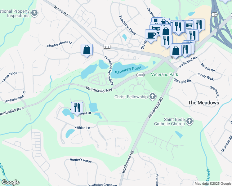 map of restaurants, bars, coffee shops, grocery stores, and more near 3917 Cromwell Lane in Williamsburg