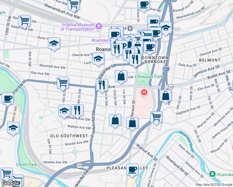 map of restaurants, bars, coffee shops, grocery stores, and more near 207 Mountain Avenue Southeast in Roanoke