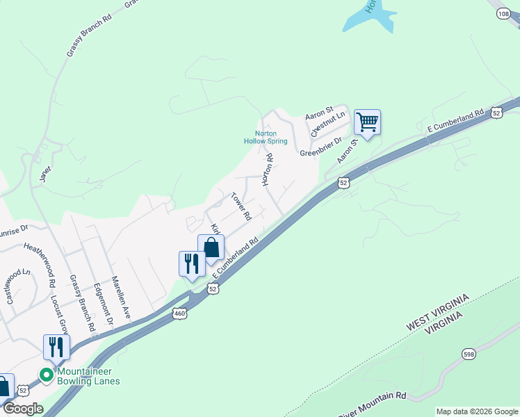 map of restaurants, bars, coffee shops, grocery stores, and more near 2840 Horton Road in Bluefield