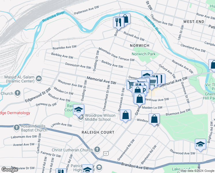 map of restaurants, bars, coffee shops, grocery stores, and more near 1311 Chesterfield Street Southwest in Roanoke