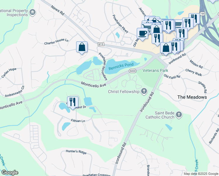 map of restaurants, bars, coffee shops, grocery stores, and more near 3917 Cromwell Lane in Williamsburg