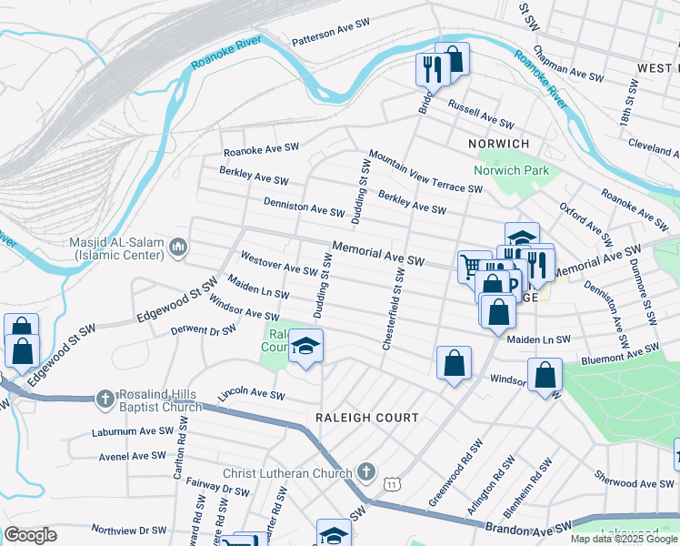 map of restaurants, bars, coffee shops, grocery stores, and more near 2263 Westover Avenue Southwest in Roanoke