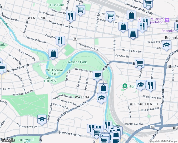 map of restaurants, bars, coffee shops, grocery stores, and more near 999 Winchester Avenue Southwest in Roanoke