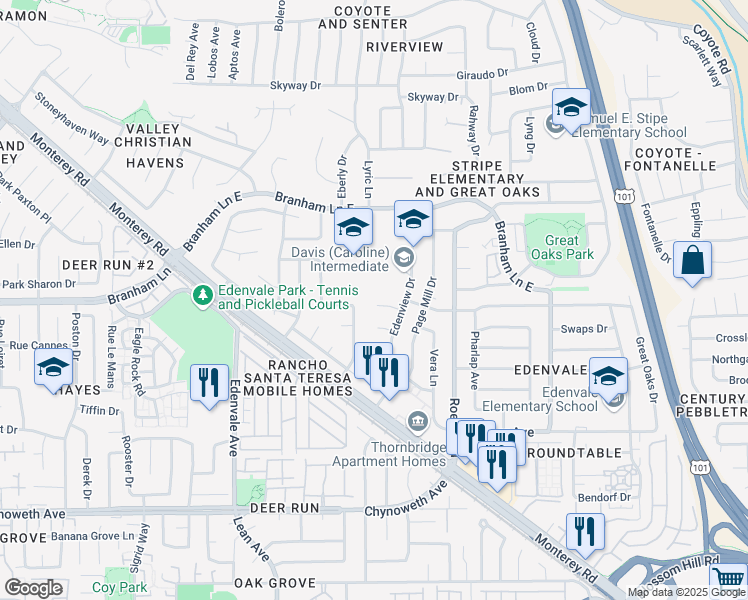map of restaurants, bars, coffee shops, grocery stores, and more near 143 Carling Court in San Jose