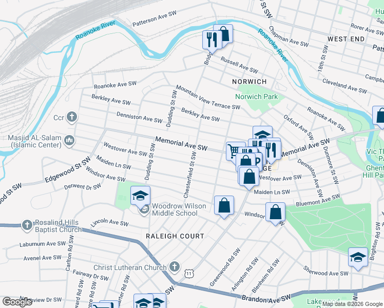 map of restaurants, bars, coffee shops, grocery stores, and more near 2215 Westover Avenue Southwest in Roanoke