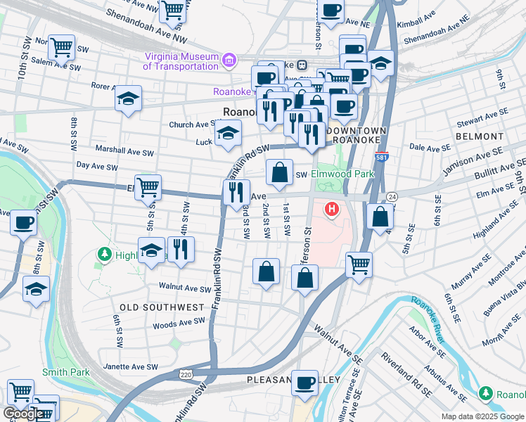 map of restaurants, bars, coffee shops, grocery stores, and more near 207 Mountain Avenue Southeast in Roanoke
