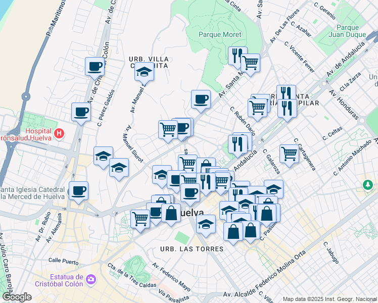 map of restaurants, bars, coffee shops, grocery stores, and more near 1 Calle Villa Mundaka in Huelva