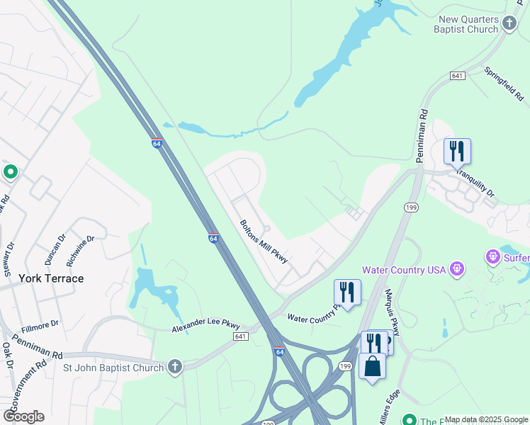 map of restaurants, bars, coffee shops, grocery stores, and more near 514 Clement's Mill Trace in Williamsburg
