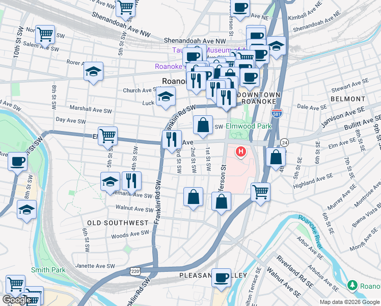 map of restaurants, bars, coffee shops, grocery stores, and more near 207 Mountain Avenue Southeast in Roanoke