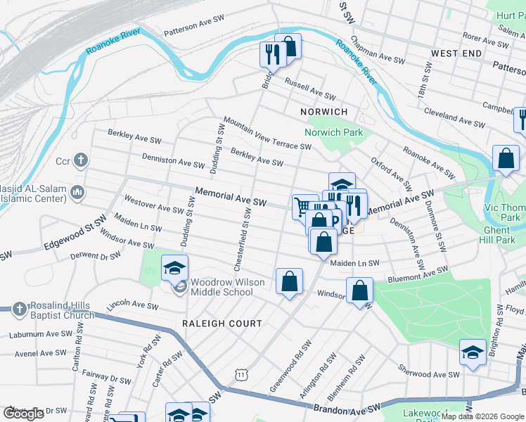 map of restaurants, bars, coffee shops, grocery stores, and more near 2134 Memorial Avenue Southwest in Roanoke