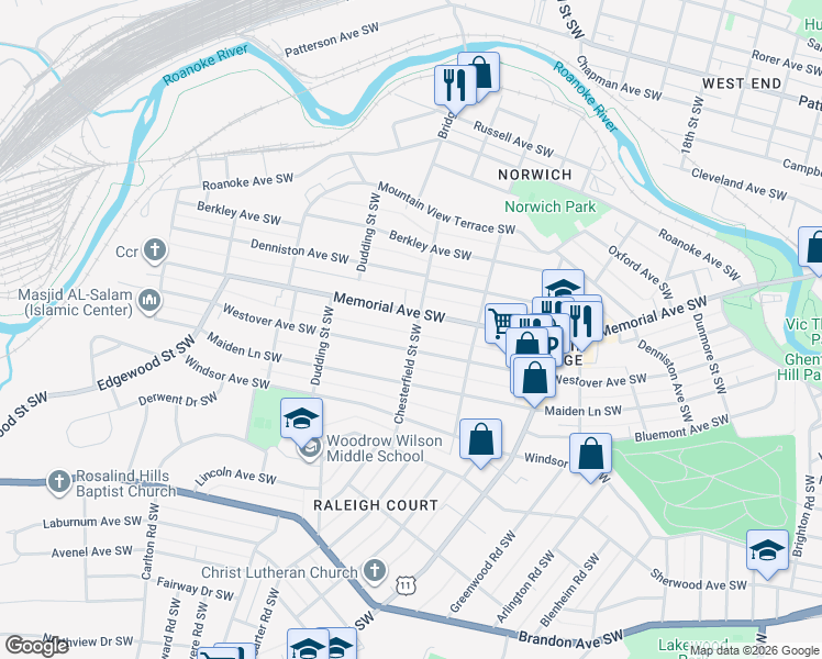 map of restaurants, bars, coffee shops, grocery stores, and more near 2215 Westover Avenue Southwest in Roanoke