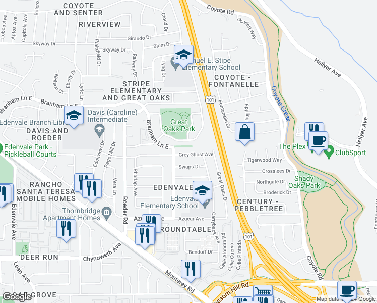 map of restaurants, bars, coffee shops, grocery stores, and more near 391 Grey Ghost Avenue in San Jose
