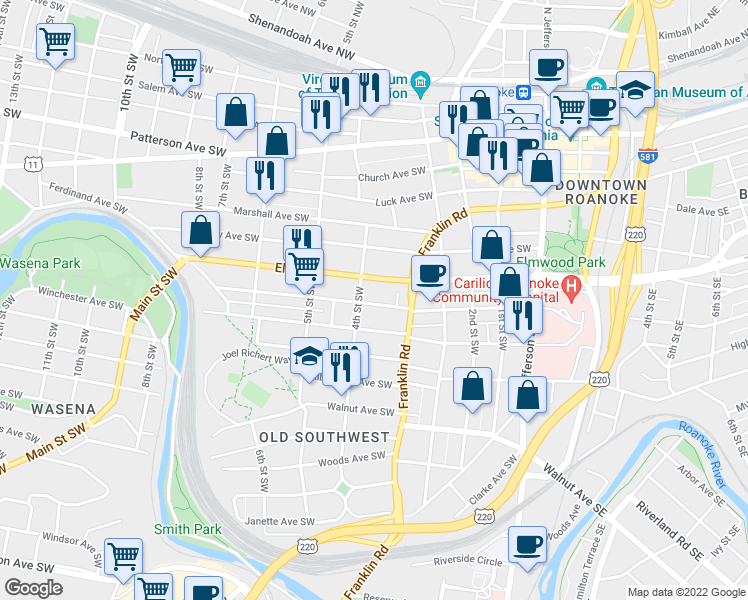 map of restaurants, bars, coffee shops, grocery stores, and more near 367 Mountain Avenue Southwest in Roanoke