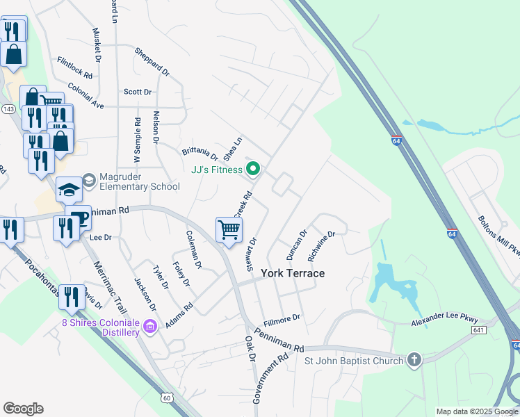map of restaurants, bars, coffee shops, grocery stores, and more near 1095 Stewart Drive in Williamsburg