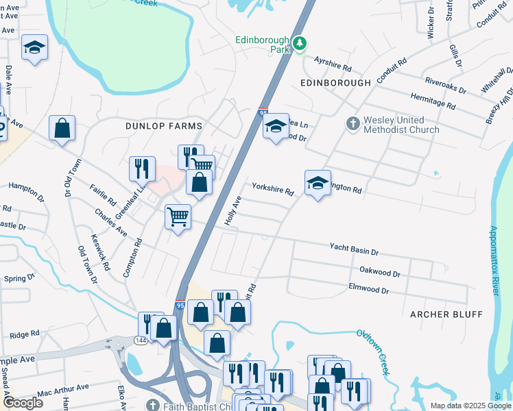 map of restaurants, bars, coffee shops, grocery stores, and more near 909 Jamestown Road in Colonial Heights