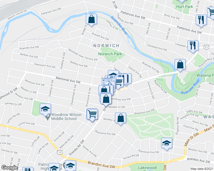 map of restaurants, bars, coffee shops, grocery stores, and more near 2001 Memorial Avenue Southwest in Roanoke