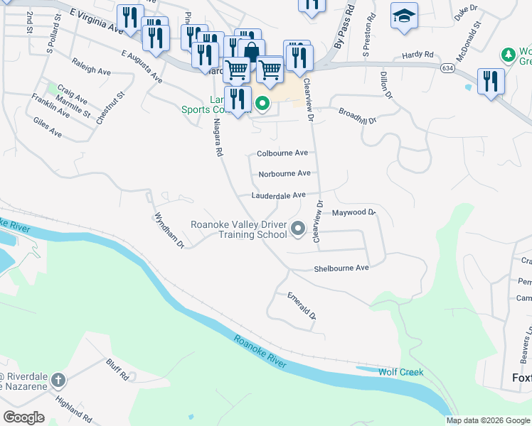 map of restaurants, bars, coffee shops, grocery stores, and more near 1023 Wyndham Drive in Vinton
