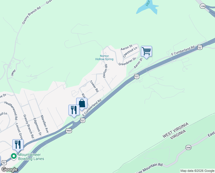 map of restaurants, bars, coffee shops, grocery stores, and more near 2840 Horton Road in Bluefield