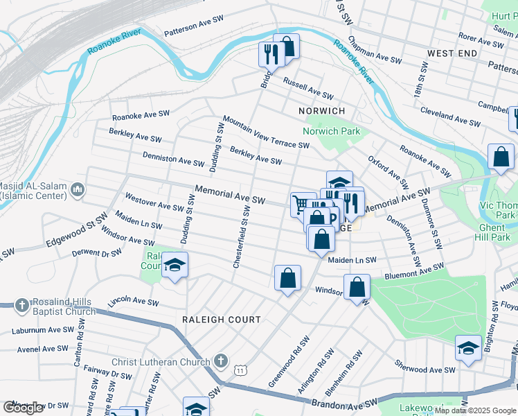 map of restaurants, bars, coffee shops, grocery stores, and more near 2134 Memorial Avenue Southwest in Roanoke