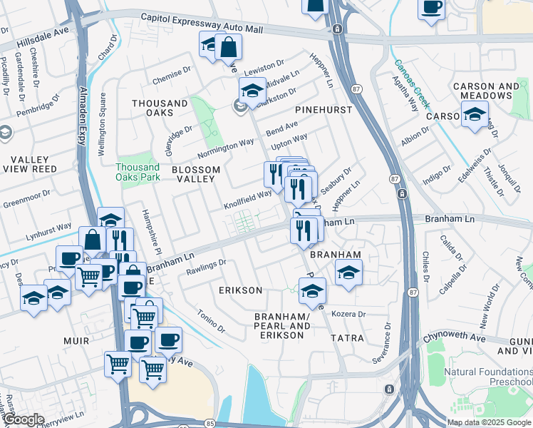 map of restaurants, bars, coffee shops, grocery stores, and more near 872 Canfield Court in San Jose
