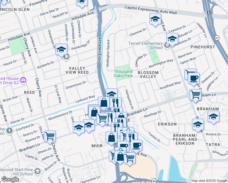 map of restaurants, bars, coffee shops, grocery stores, and more near 1086 Harvest Meadow Court in San Jose