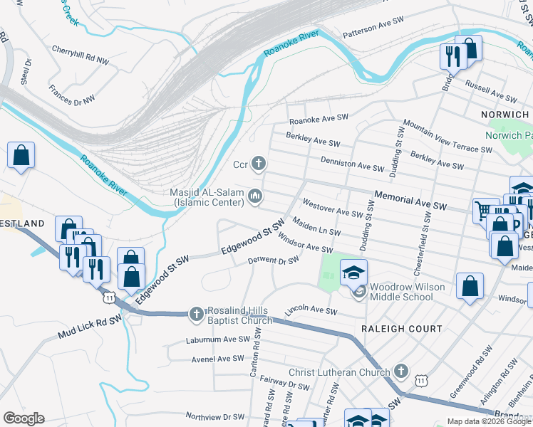map of restaurants, bars, coffee shops, grocery stores, and more near 2526 Maiden Lane Southwest in Roanoke