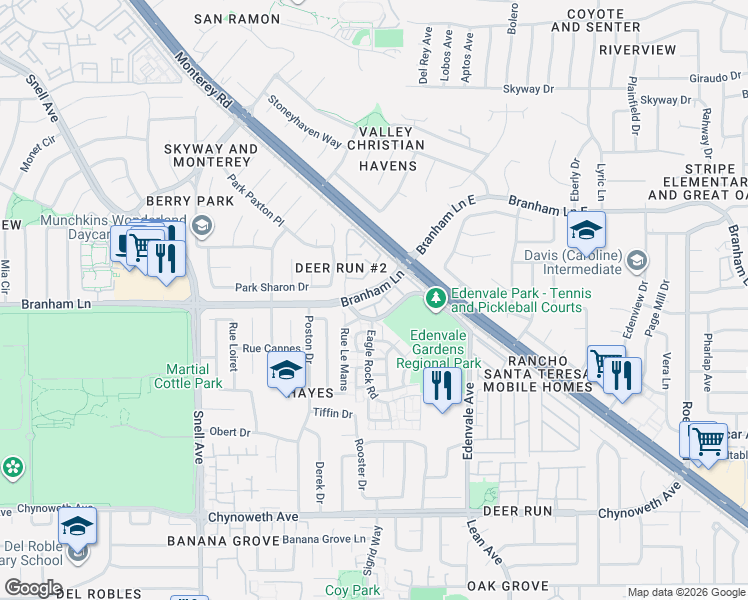 map of restaurants, bars, coffee shops, grocery stores, and more near 81 Frontier Trail Drive in San Jose