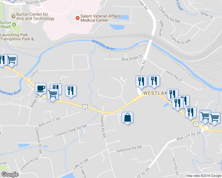 map of restaurants, bars, coffee shops, grocery stores, and more near 3805 Stratford Park Drive Southwest in Roanoke