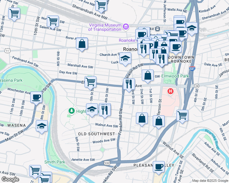 map of restaurants, bars, coffee shops, grocery stores, and more near 349 Mountain Avenue Southwest in Roanoke