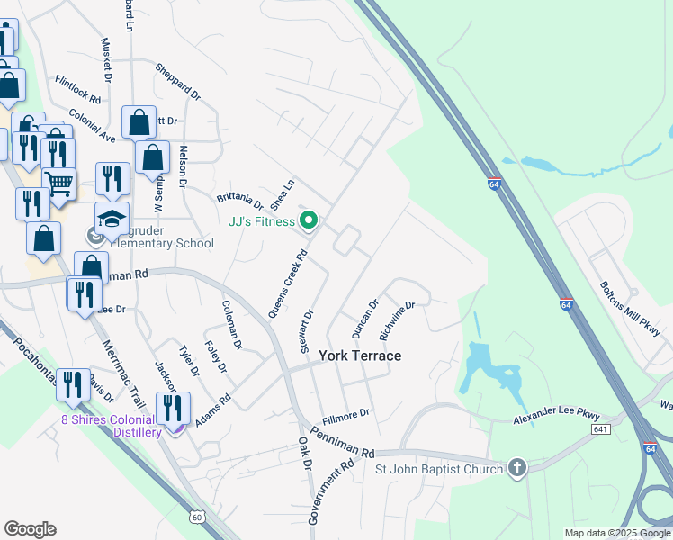 map of restaurants, bars, coffee shops, grocery stores, and more near 1090 Stewart Drive in Williamsburg
