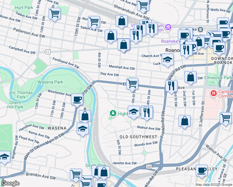 map of restaurants, bars, coffee shops, grocery stores, and more near 950 6th Street Southwest in Roanoke