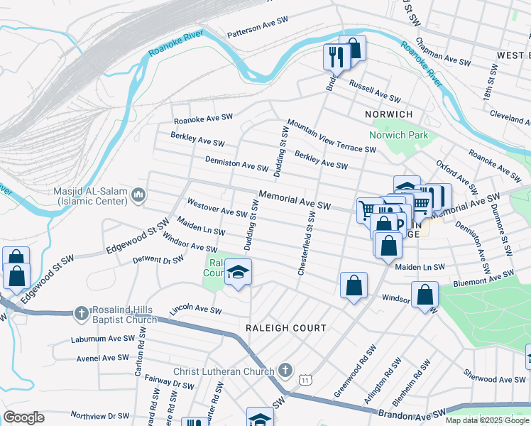 map of restaurants, bars, coffee shops, grocery stores, and more near 2263 Westover Avenue Southwest in Roanoke