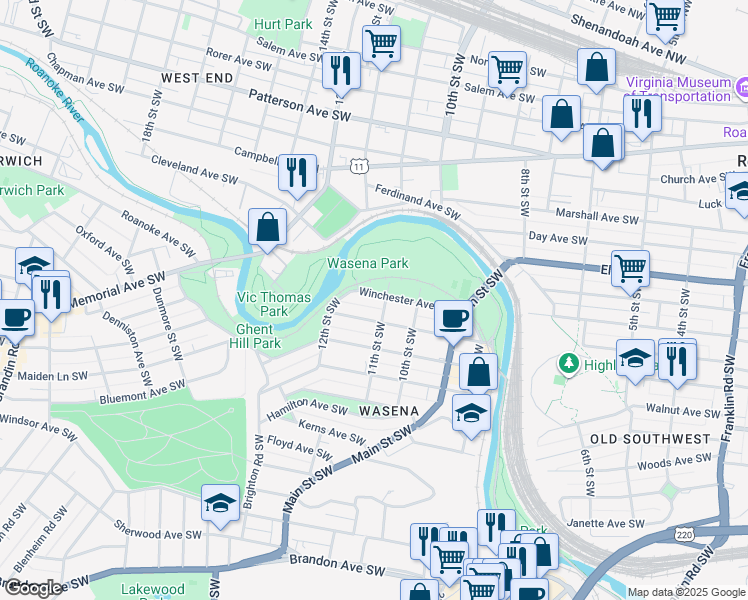 map of restaurants, bars, coffee shops, grocery stores, and more near 1112 Winchester Avenue Southwest in Roanoke