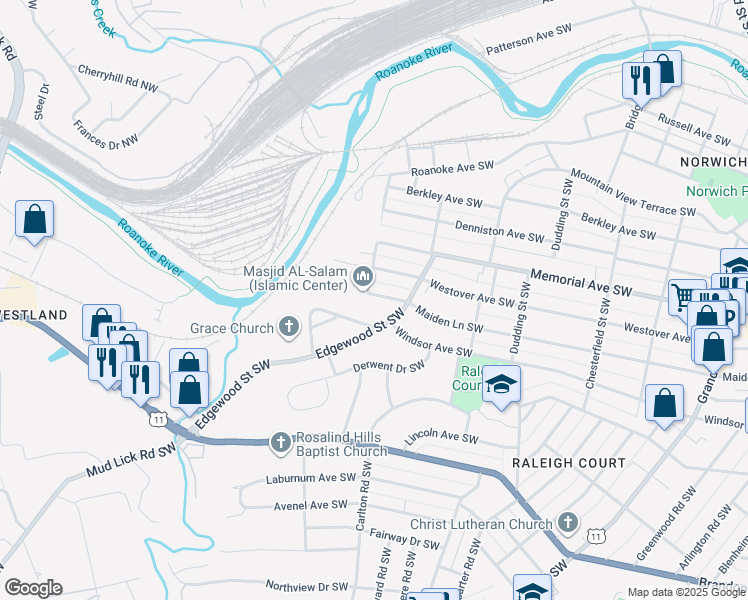 map of restaurants, bars, coffee shops, grocery stores, and more near 2526 Maiden Lane Southwest in Roanoke