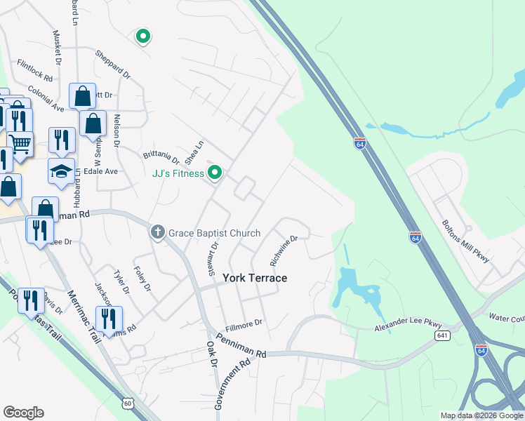 map of restaurants, bars, coffee shops, grocery stores, and more near 1094 Wilkins Drive in Williamsburg