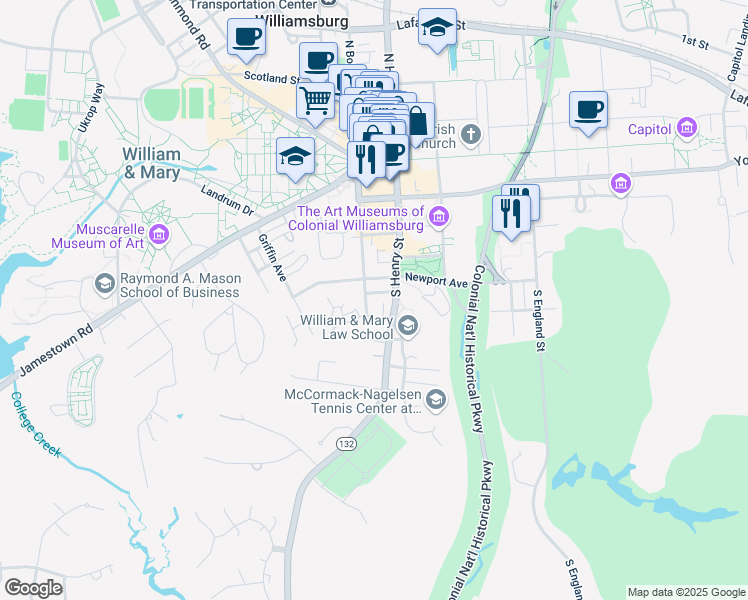 map of restaurants, bars, coffee shops, grocery stores, and more near 505 South Boundary Street in Williamsburg