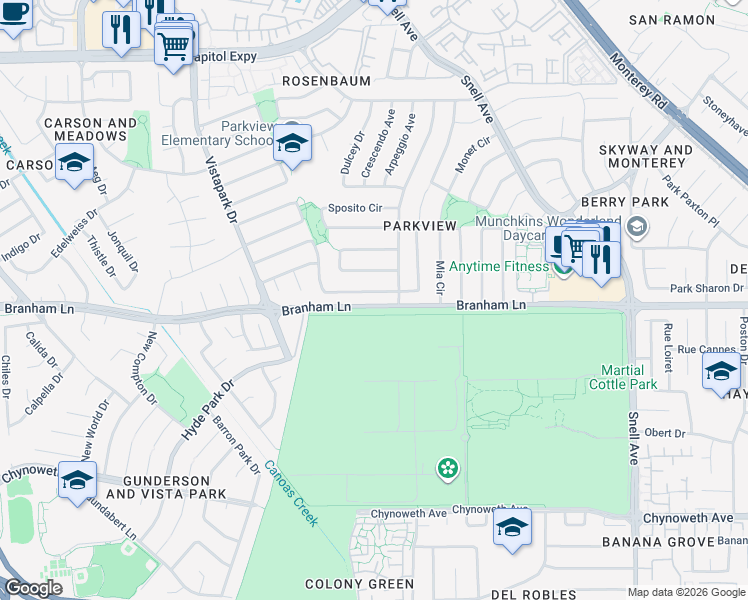 map of restaurants, bars, coffee shops, grocery stores, and more near 318 Greenpark Way in San Jose