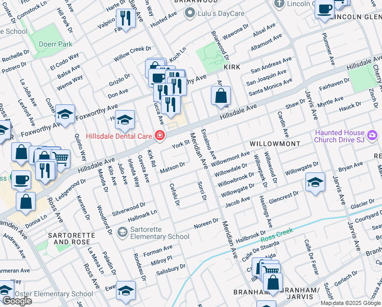 map of restaurants, bars, coffee shops, grocery stores, and more near 1623 Matson Drive in San Jose