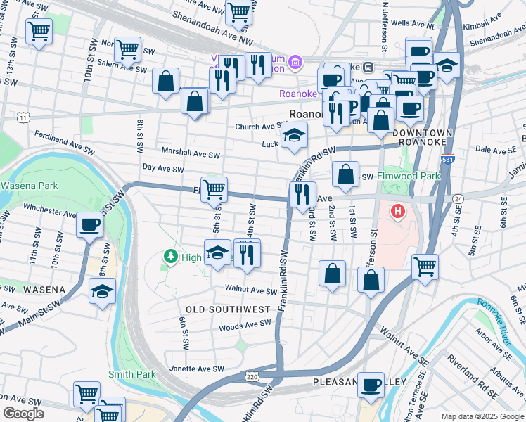 map of restaurants, bars, coffee shops, grocery stores, and more near 380 Mountain Avenue Southwest in Roanoke