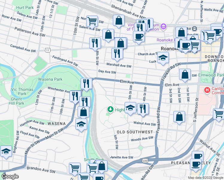 map of restaurants, bars, coffee shops, grocery stores, and more near 950-998 6th Street Southwest in Roanoke