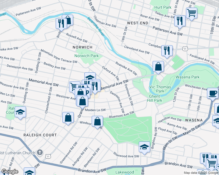 map of restaurants, bars, coffee shops, grocery stores, and more near 1815-1899 Denniston Ave SW in Roanoke