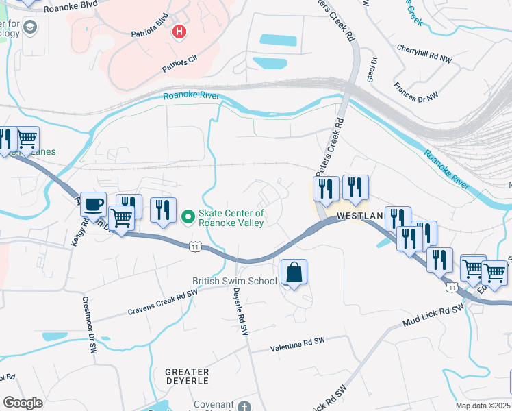 map of restaurants, bars, coffee shops, grocery stores, and more near 3805 Stratford Park Drive Southwest in Roanoke