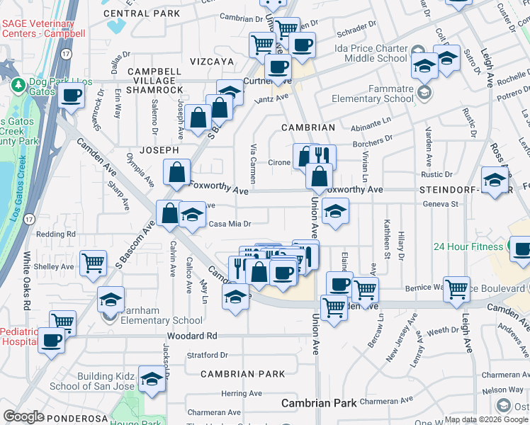 map of restaurants, bars, coffee shops, grocery stores, and more near 2071 Casa Mia Drive in San Jose