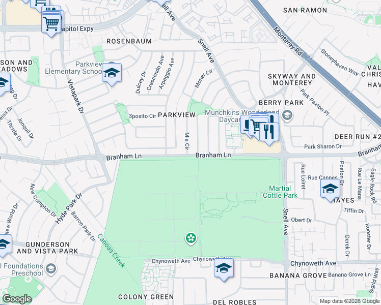 map of restaurants, bars, coffee shops, grocery stores, and more near 4615 Mia Circle in San Jose