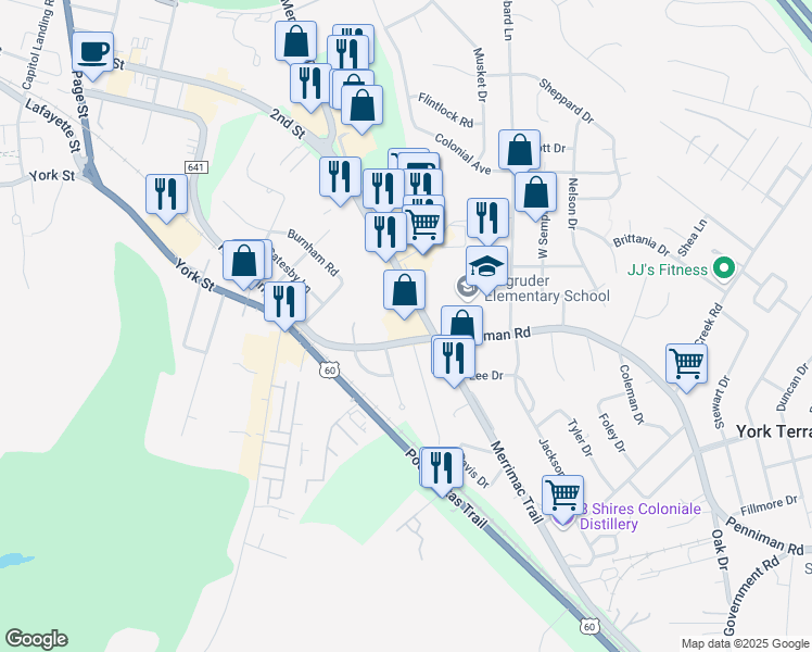 map of restaurants, bars, coffee shops, grocery stores, and more near 842 Merrimac Trail in Williamsburg