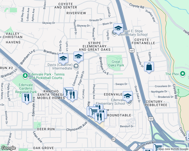 map of restaurants, bars, coffee shops, grocery stores, and more near 320 Battle Dance Drive in San Jose