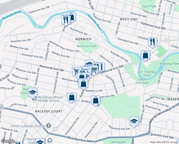 map of restaurants, bars, coffee shops, grocery stores, and more near 1210 Amherst Street Southwest in Roanoke