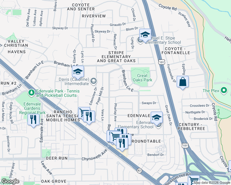 map of restaurants, bars, coffee shops, grocery stores, and more near 320 Battle Dance Drive in San Jose