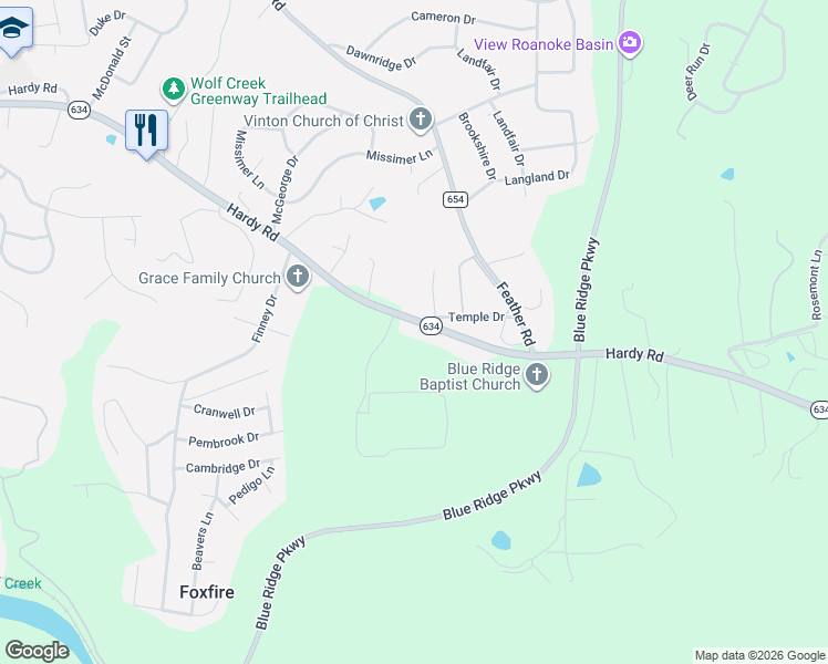 map of restaurants, bars, coffee shops, grocery stores, and more near 2237 Hardy Road in Vinton